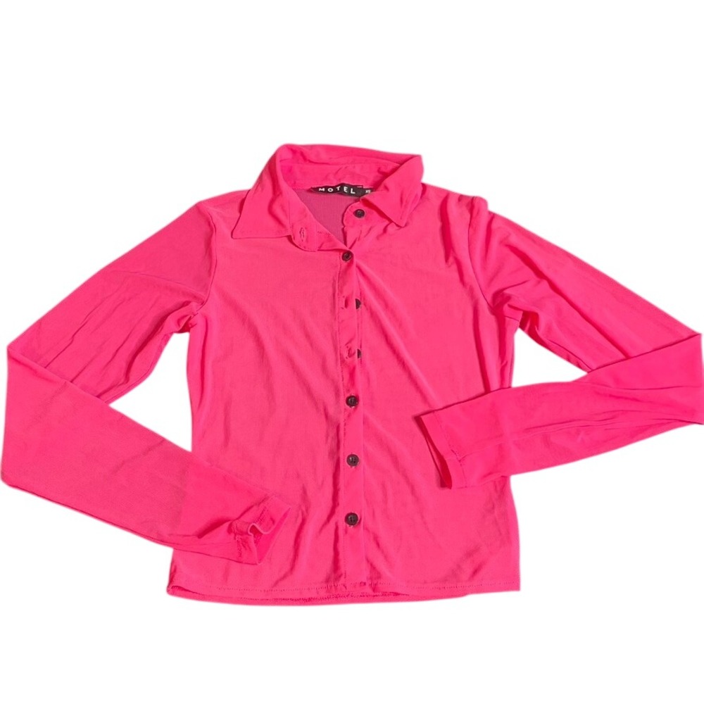 Motel‎ Rocks Hot Pink Mesh Button Down Shirt Long Sleeve Sheer Top XS Neon Pink